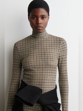 COS NWOT Plaid MERINO WOOL TURTLENECK TOP old money quiet luxury academia Large
